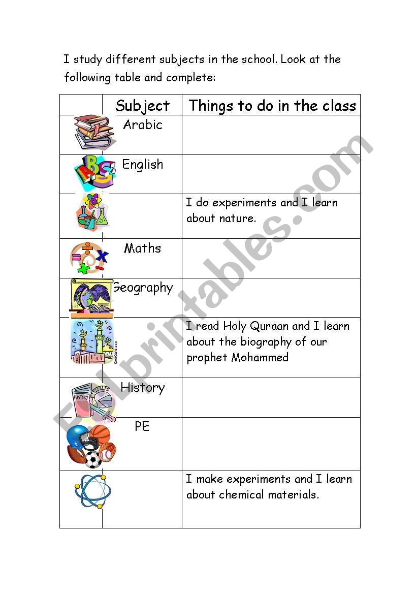 schools subjects worksheet