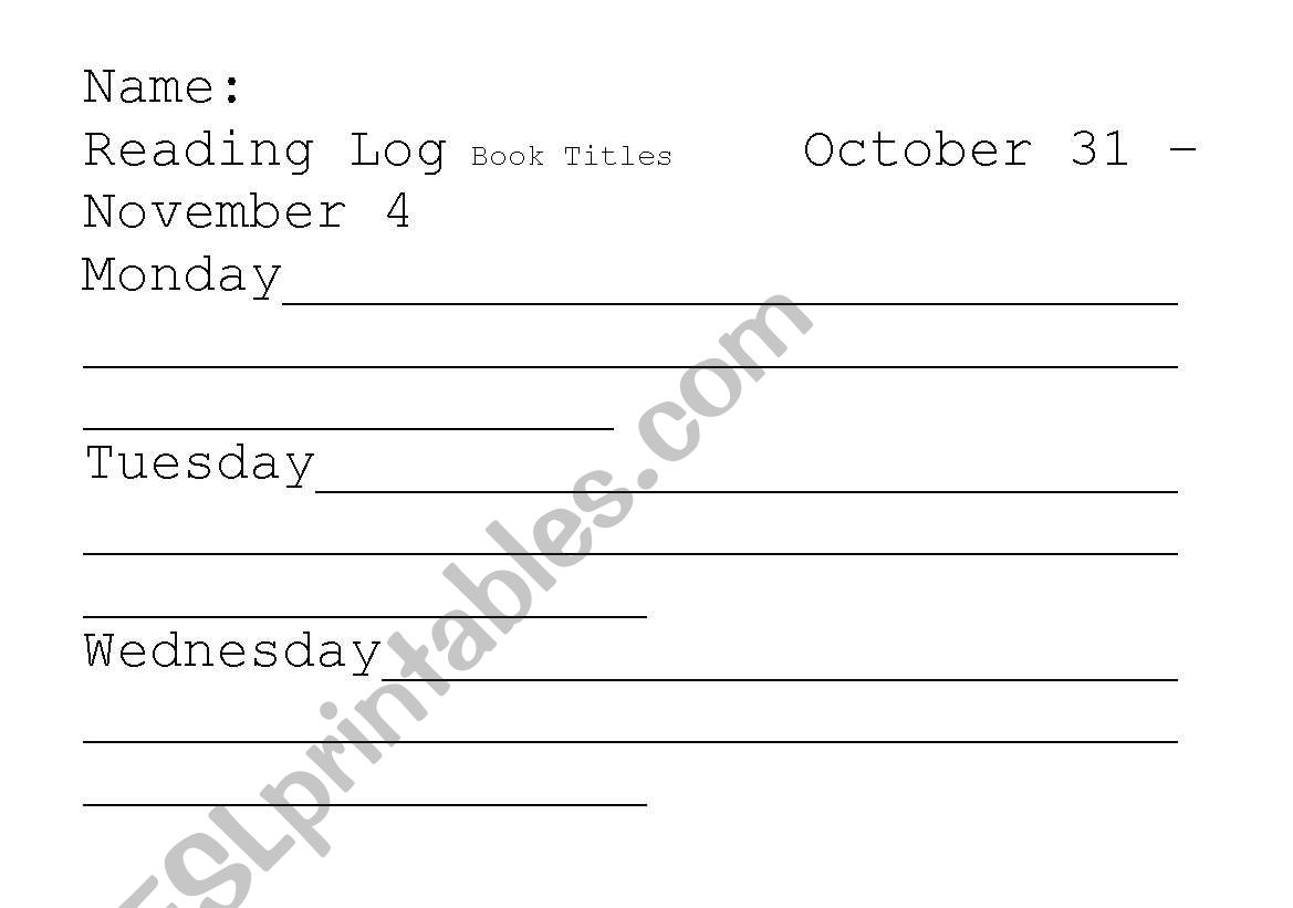 English worksheets: reading log