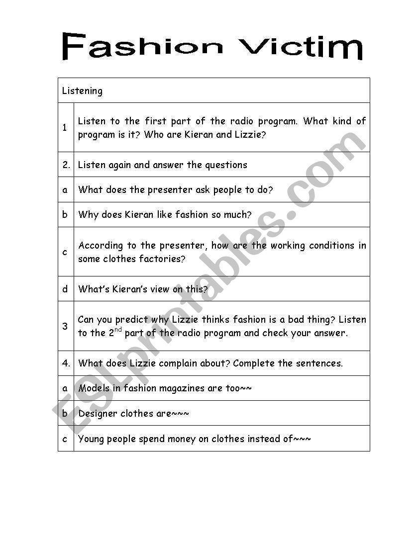 fashion victim worksheet