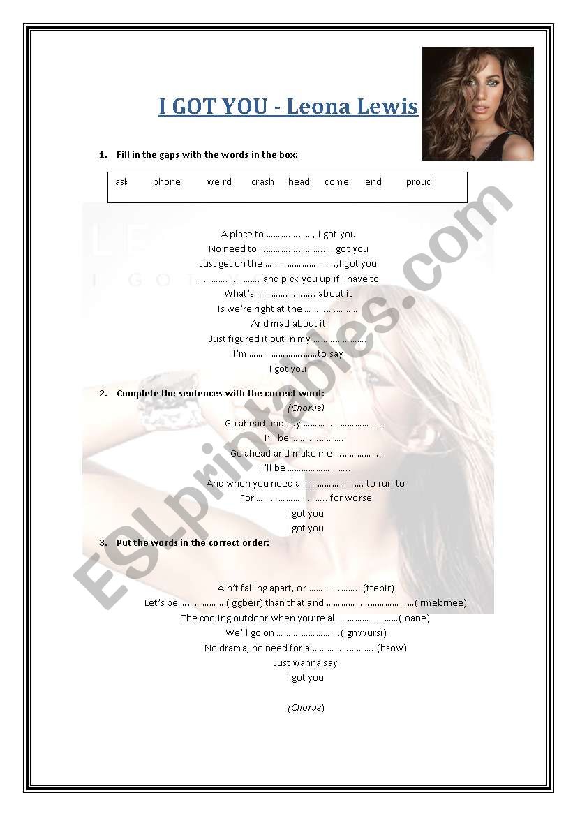 I Got You  by Leona Lewis worksheet