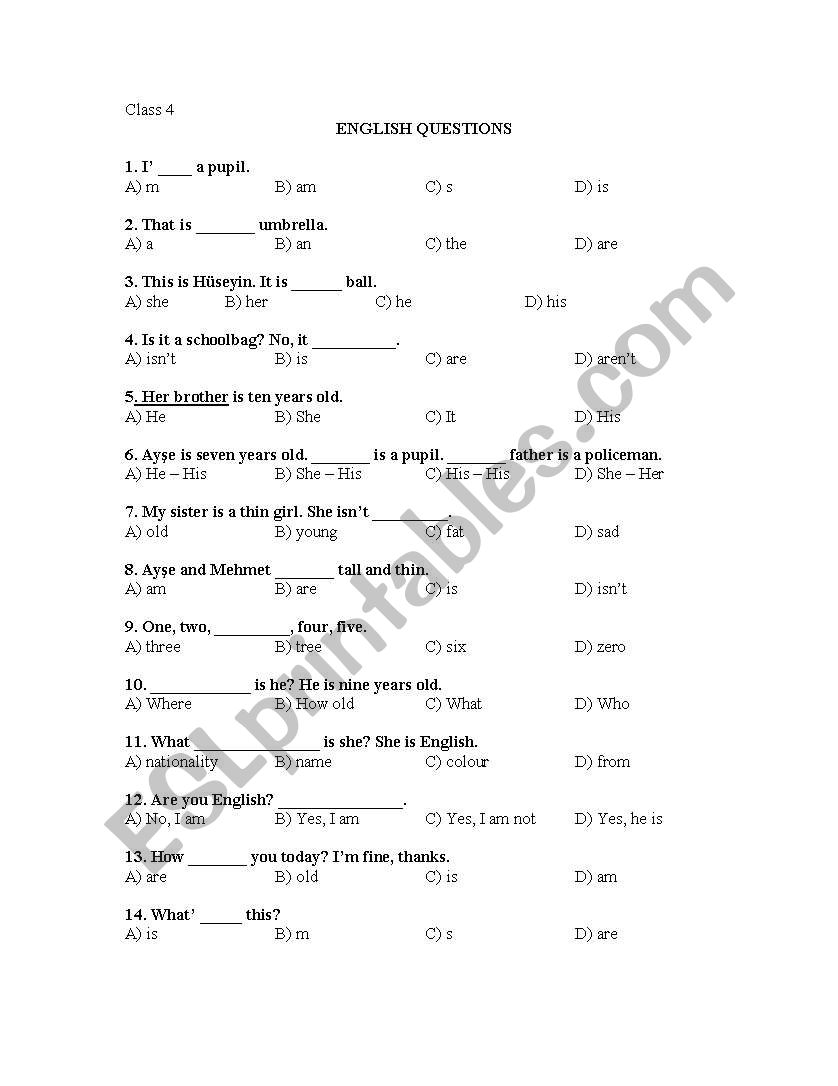 English Questions worksheet