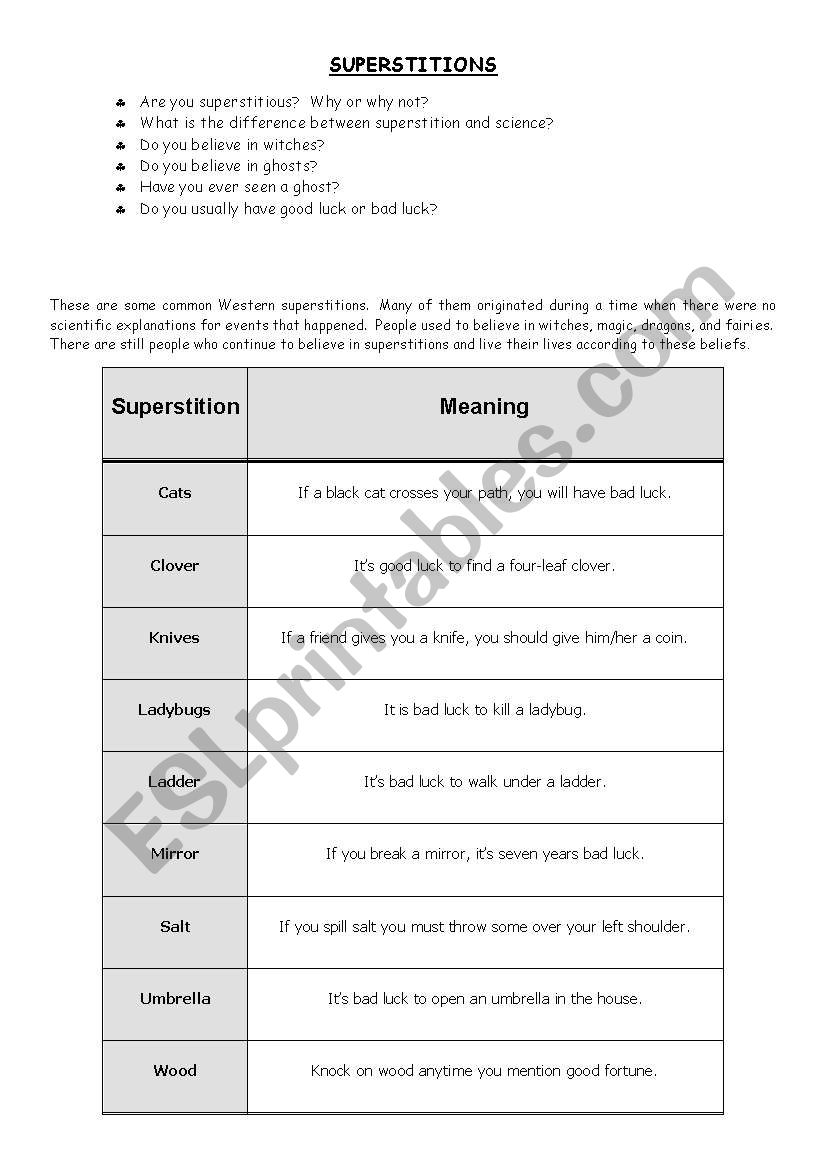 Superstitions debating worksheet