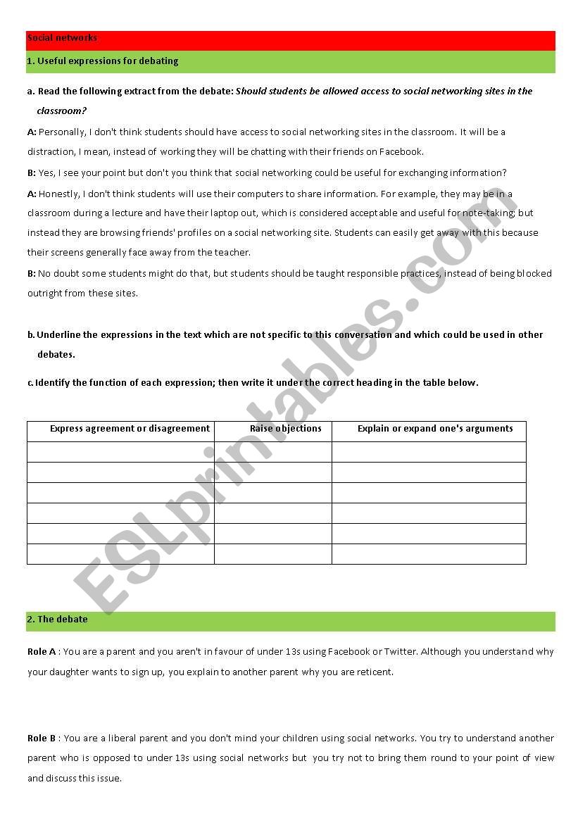 debate on social networks worksheet