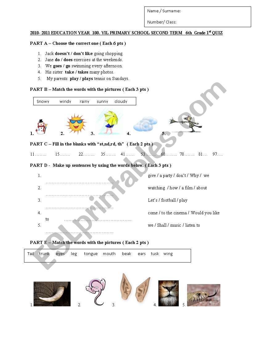 worksheet for 6th grade students 