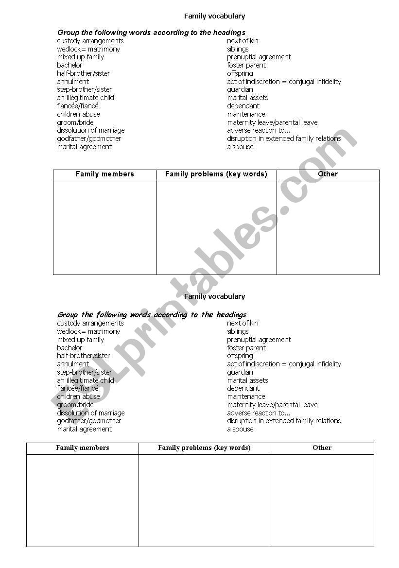 Family advanced vocabulary worksheet