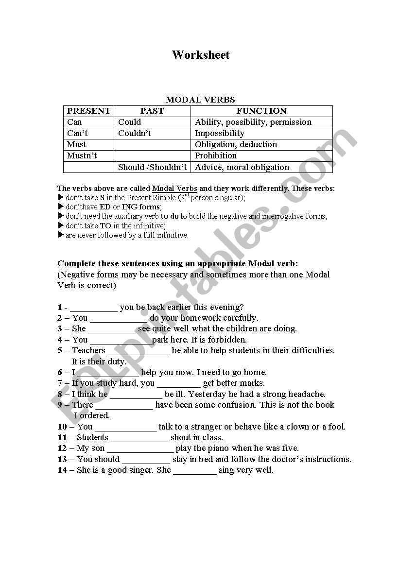 modal worksheet