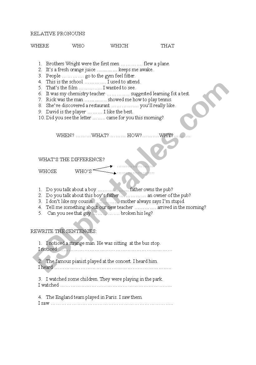 relative pronouns worksheet