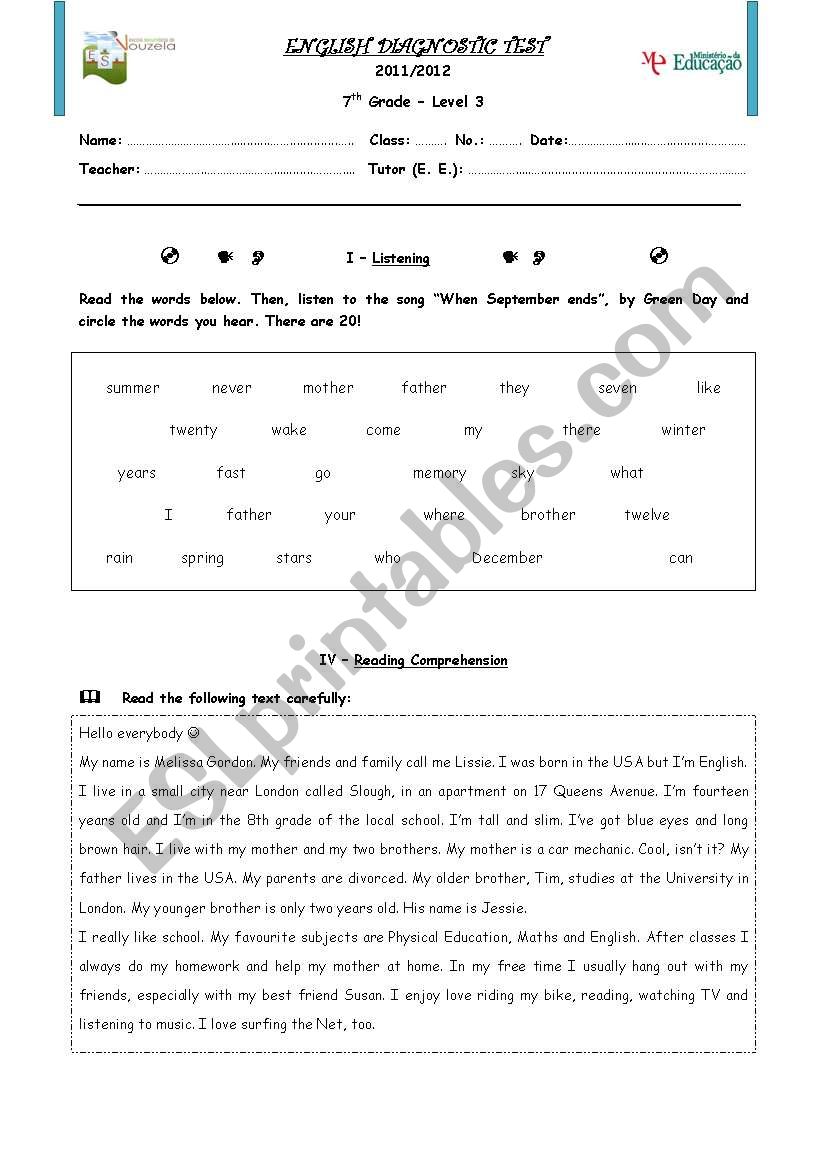 Diagnostic Test worksheet