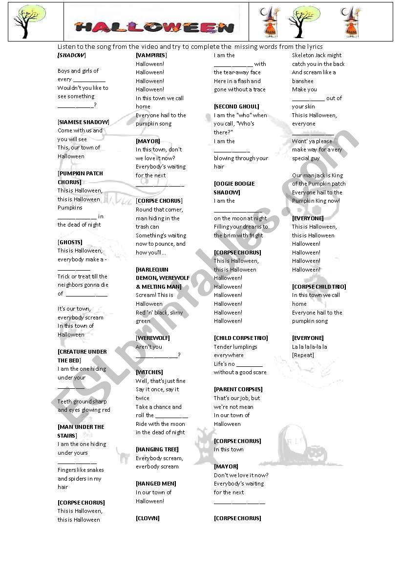 Its Halloween - lyrics ( gap exercise, teachers with link and complete song will be attached)  