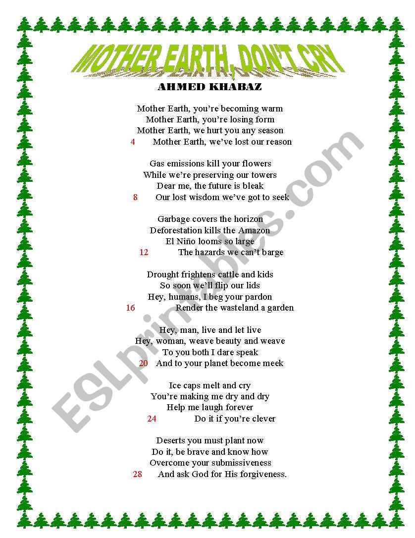 MOTHER EARTH  DO NOT CRY worksheet