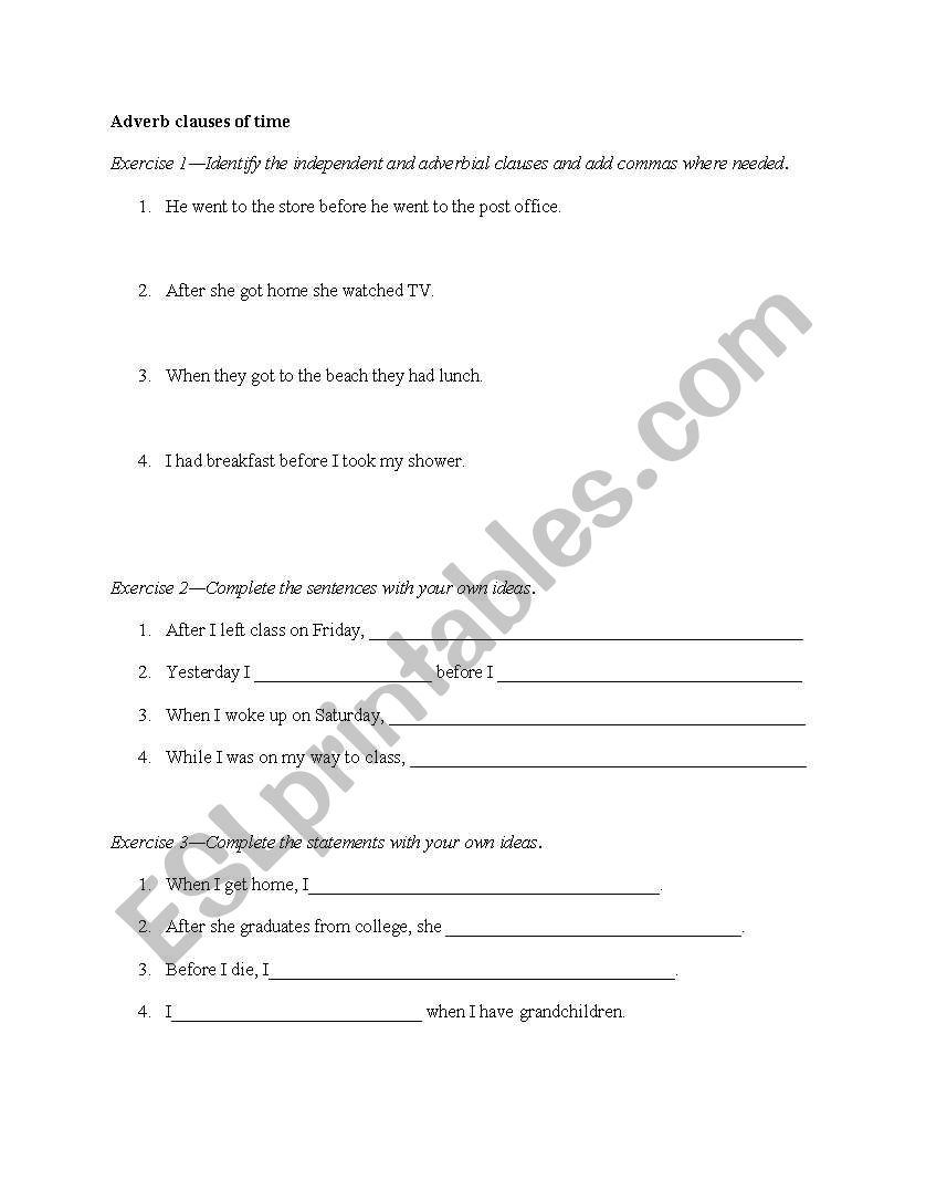 Adverb clauses of time worksheet