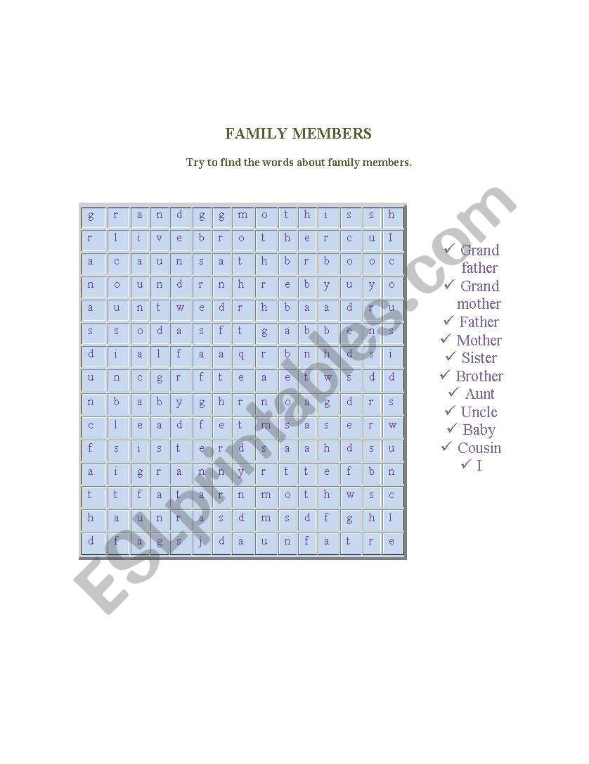 Word search game (Family members)