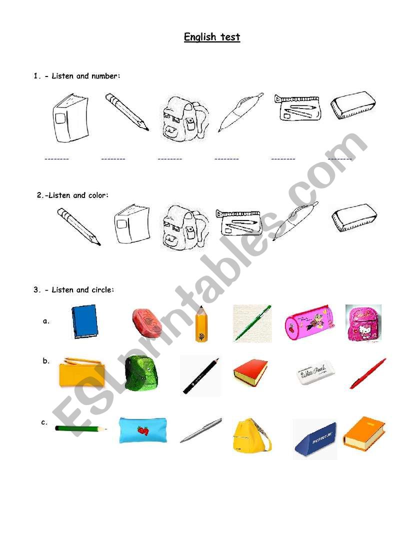 Test about colours, school objects, and numbers