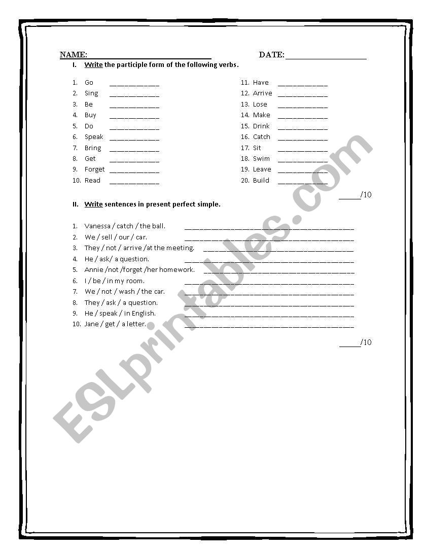 Exam on present perfect and past simple