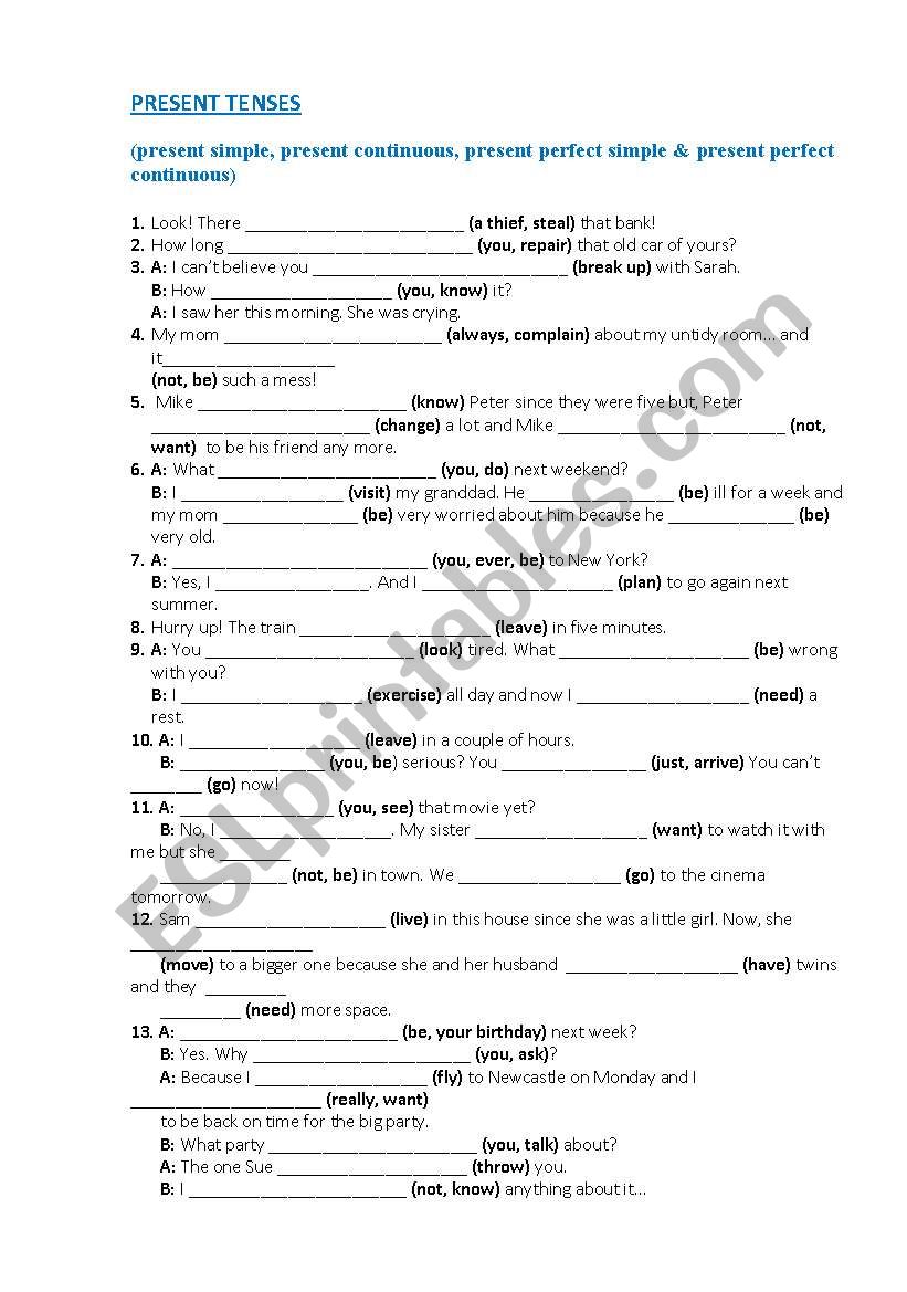 Present Tenses worksheet