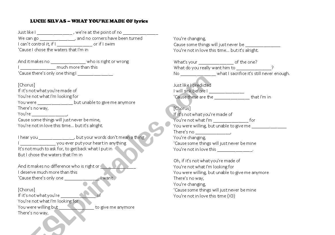 What youre made of lyrics worksheet
