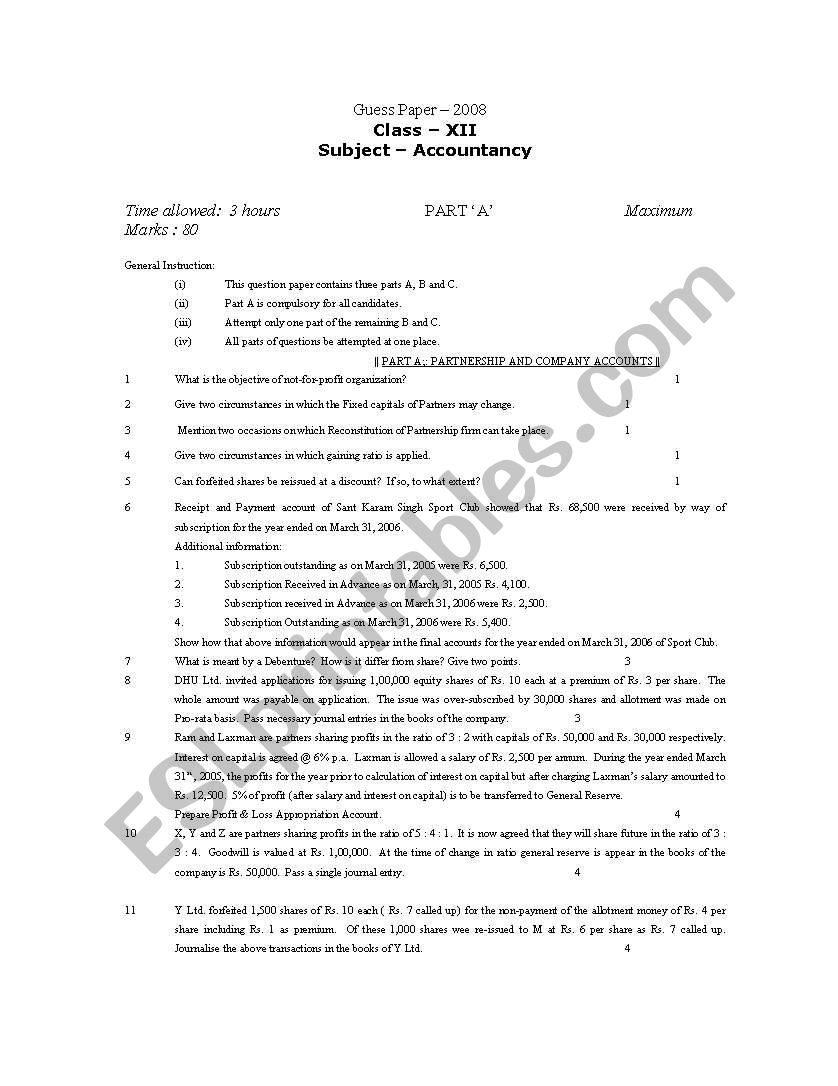 accountancy question paper worksheet