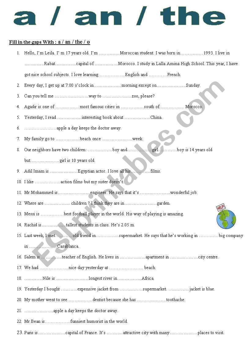 a /an / the  worksheet