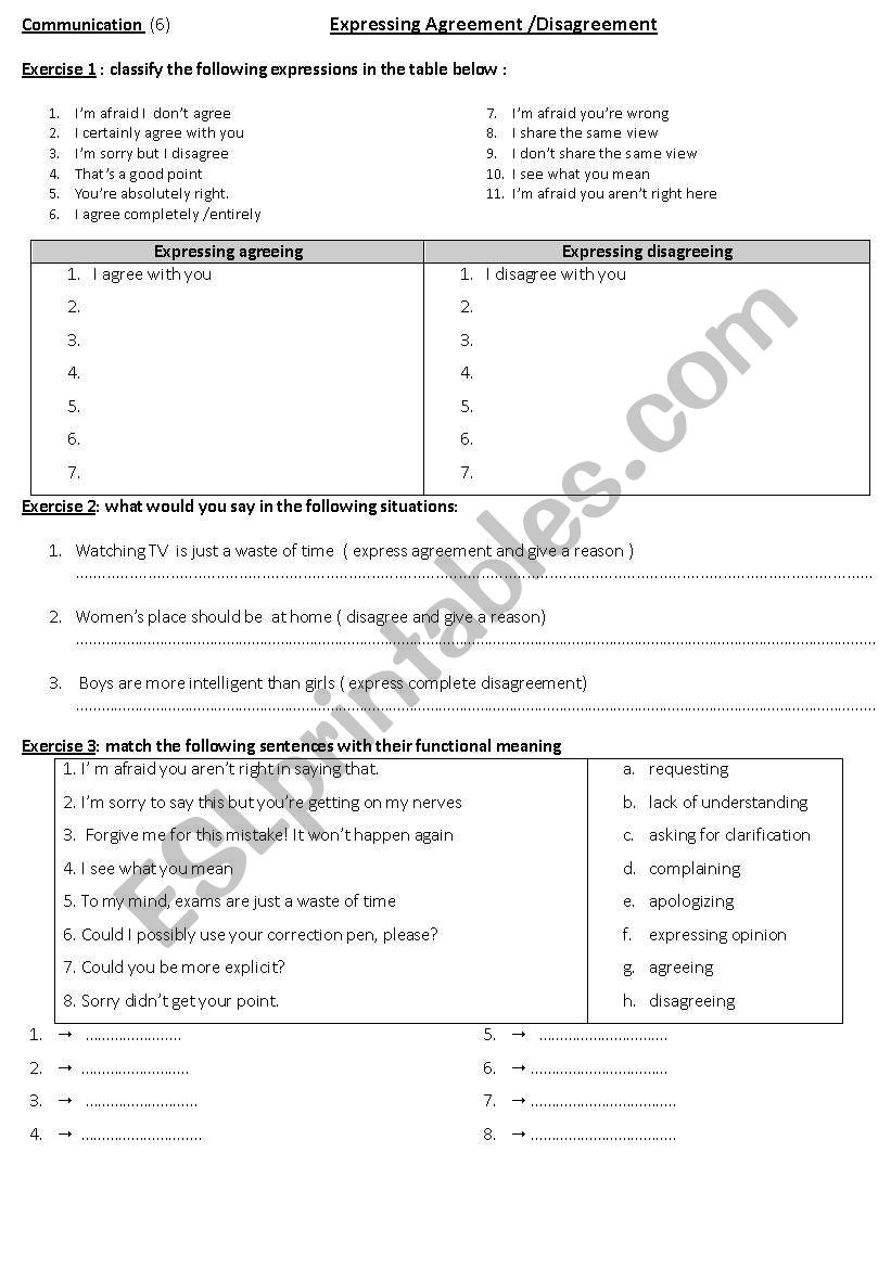 agreeing / disagreeing worksheet