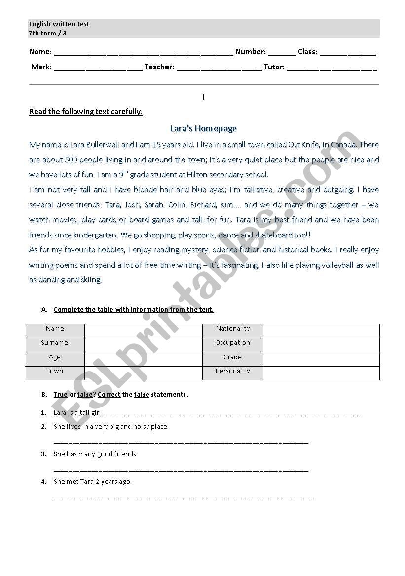 English written test worksheet