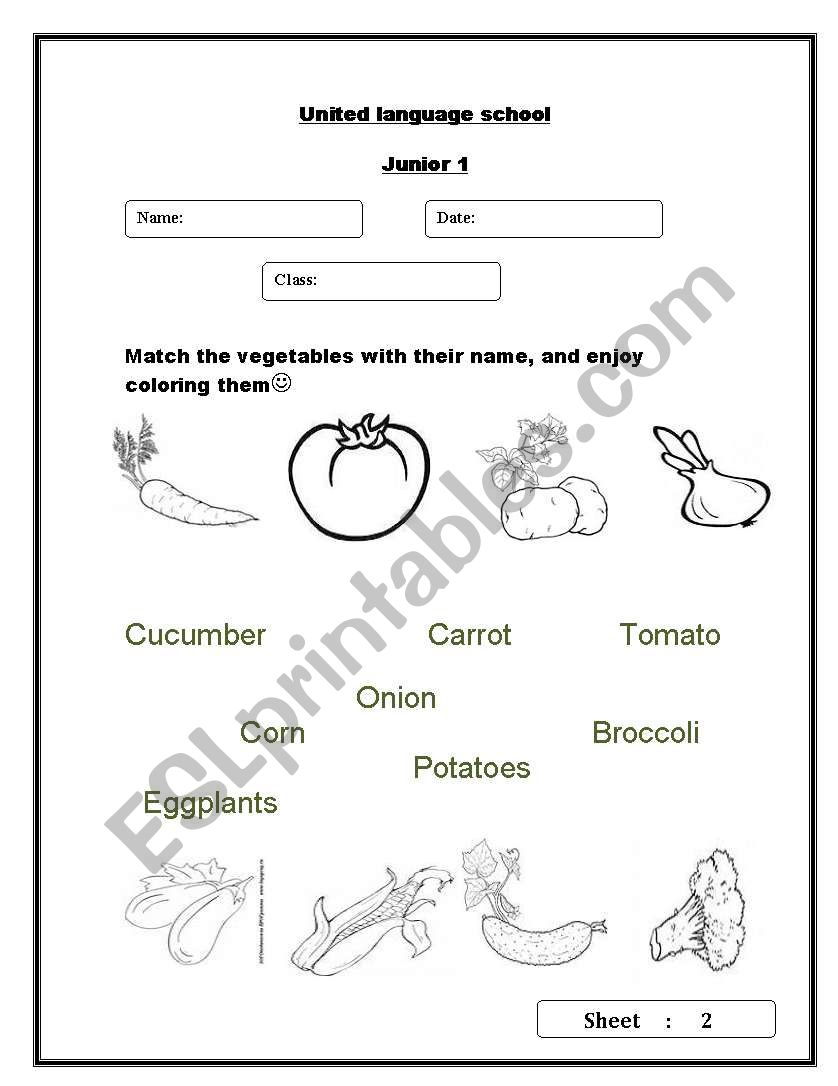 vegetables worksheet