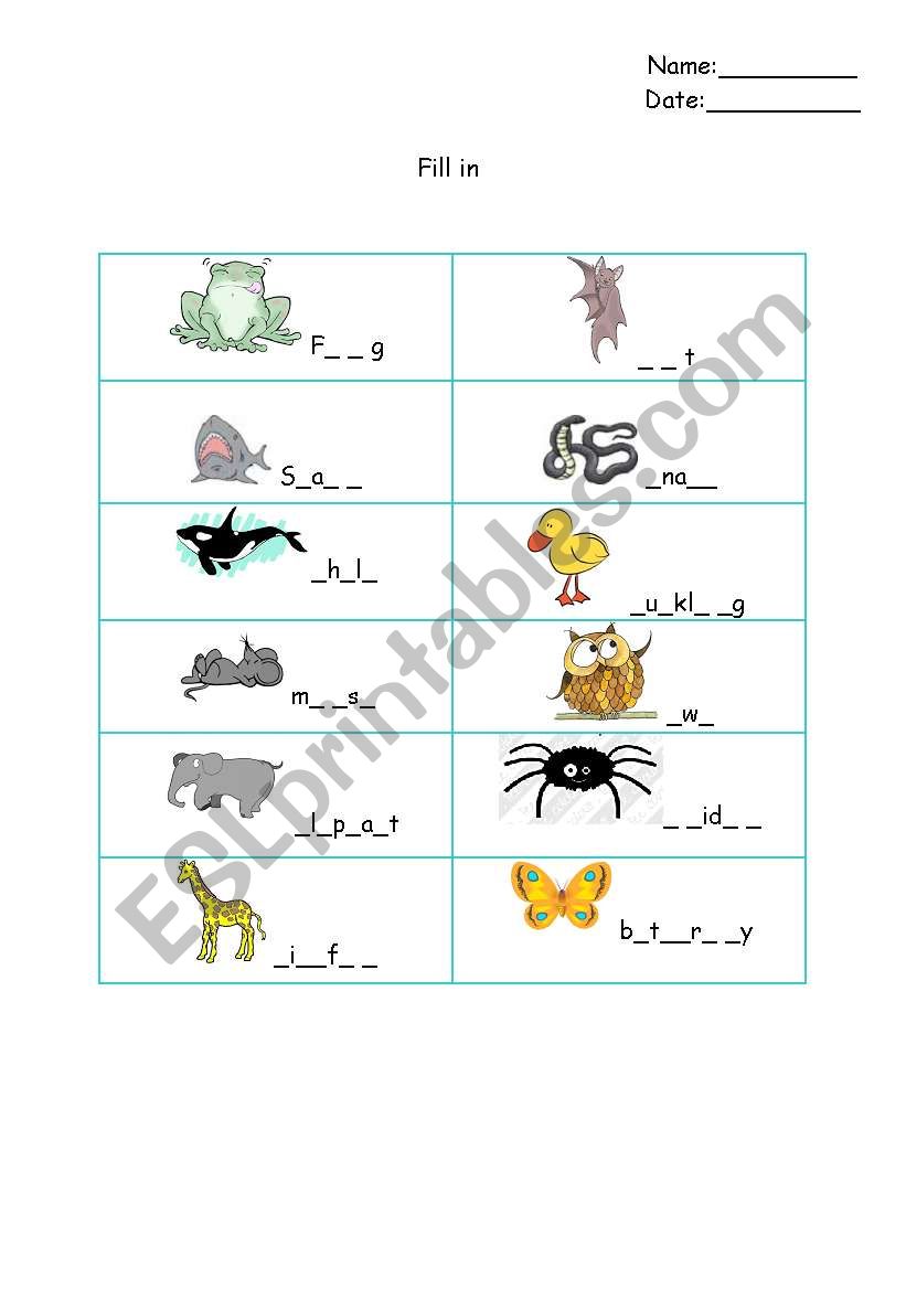 animals fill in worksheet