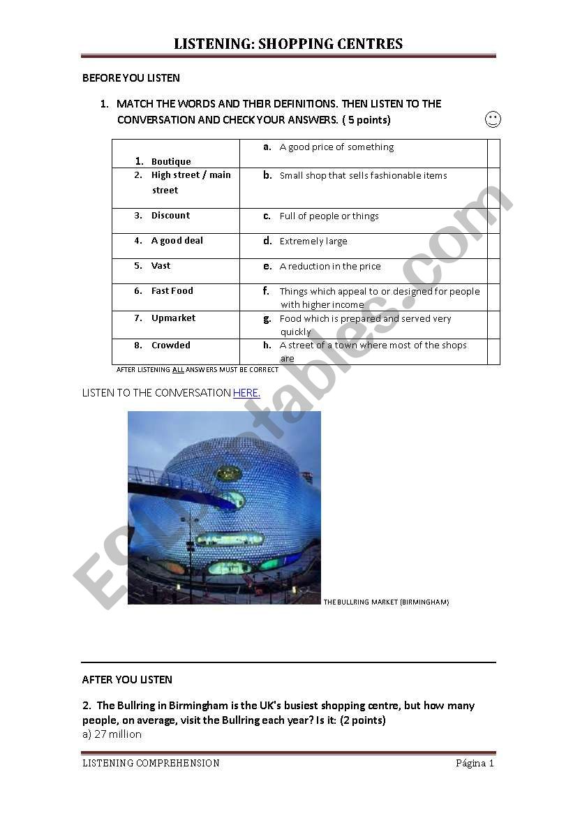 LISTENING: SHOPPING CENTRES worksheet