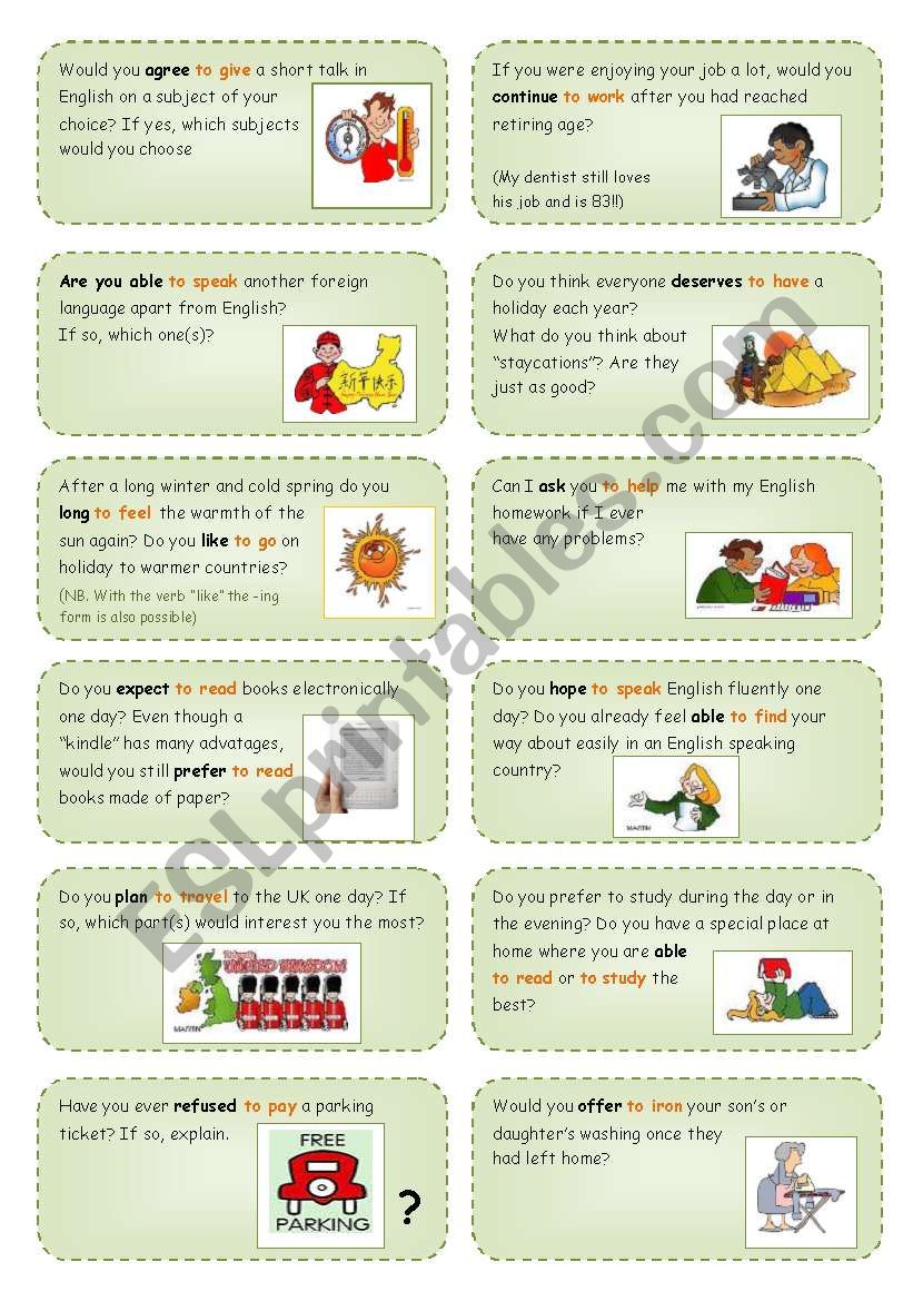 Conversation cards (3) focusing on verbs+infinitives