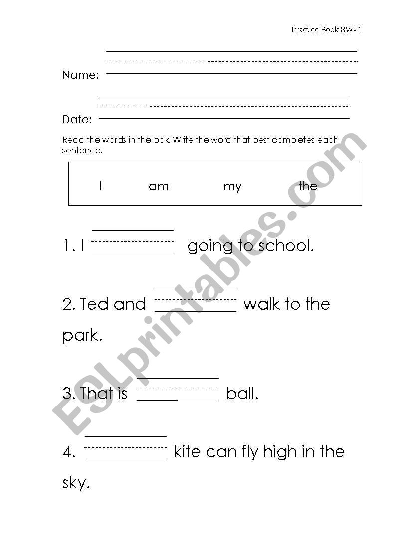 Kinder sight words 1 worksheet