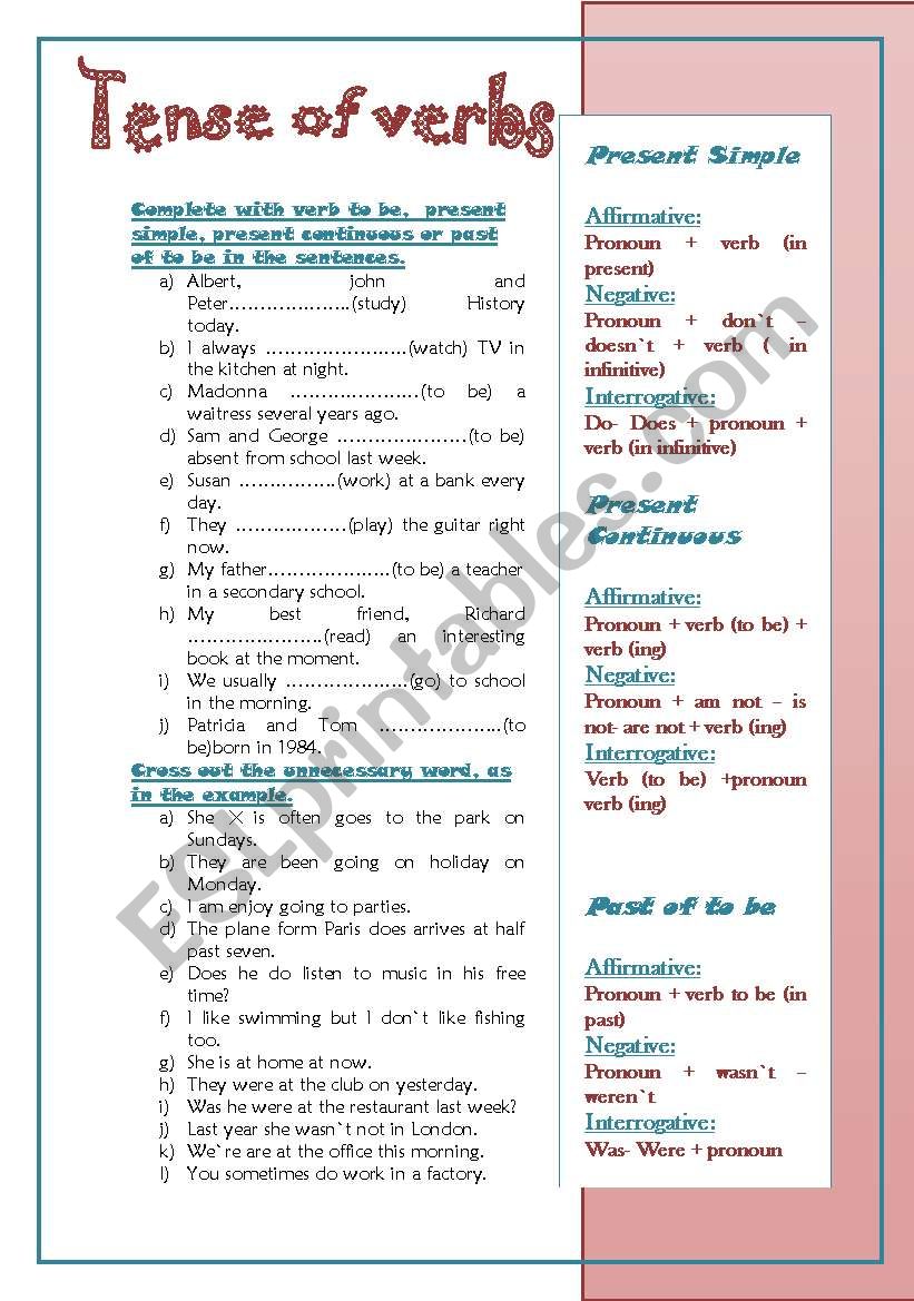 Tense of verbs  worksheet