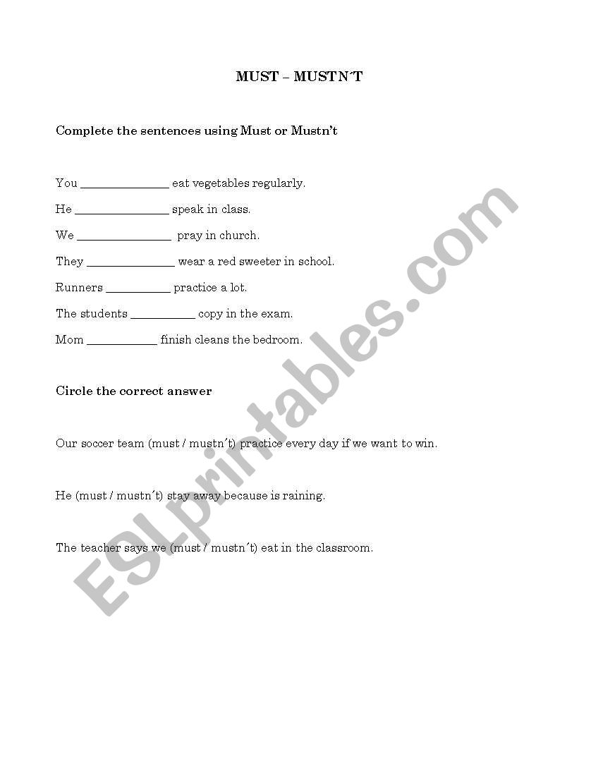 Must or Mustnt worksheet
