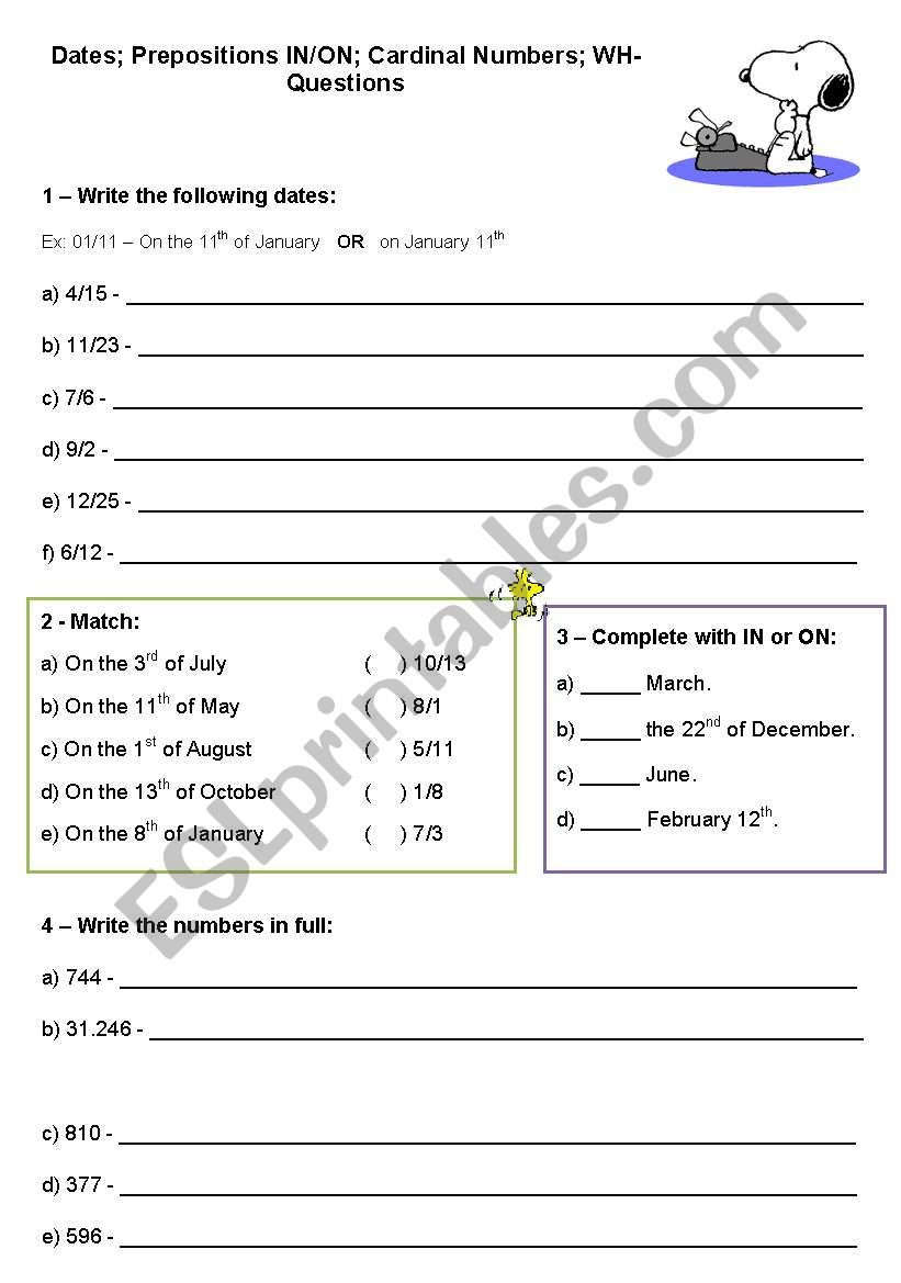 Dates; Prepositions IN/ON; Cardinal Numbers; WH-Questions