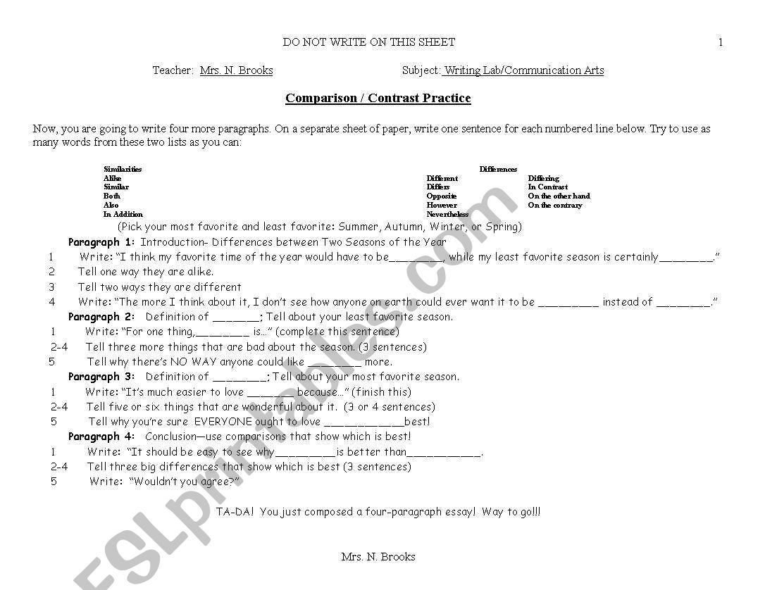 comparison and contrast worksheet