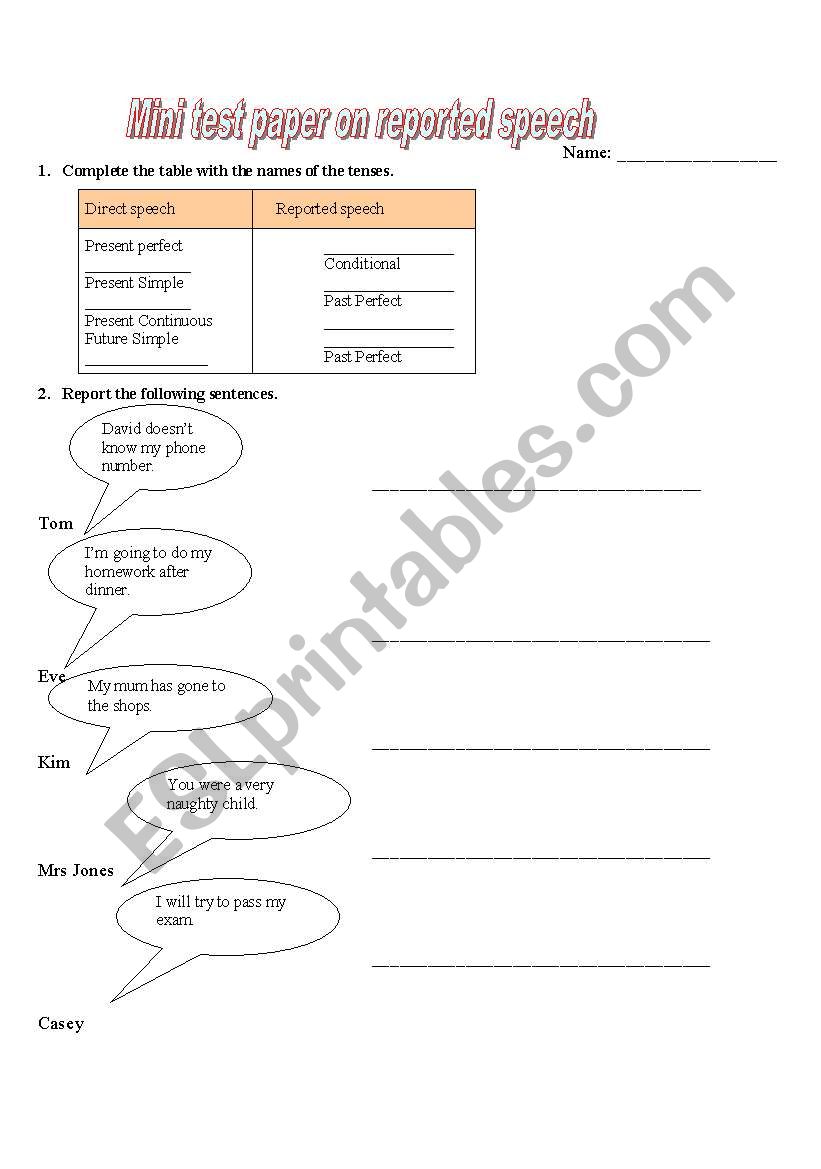 reported speech worksheet