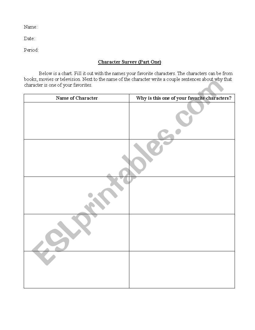 Types of Characters in Fiction Worksheet