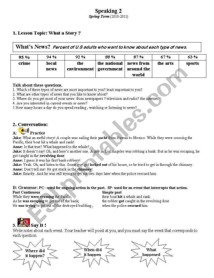 Past Continous and Simple Past Worksheet/ subtopic: What a story/telling news