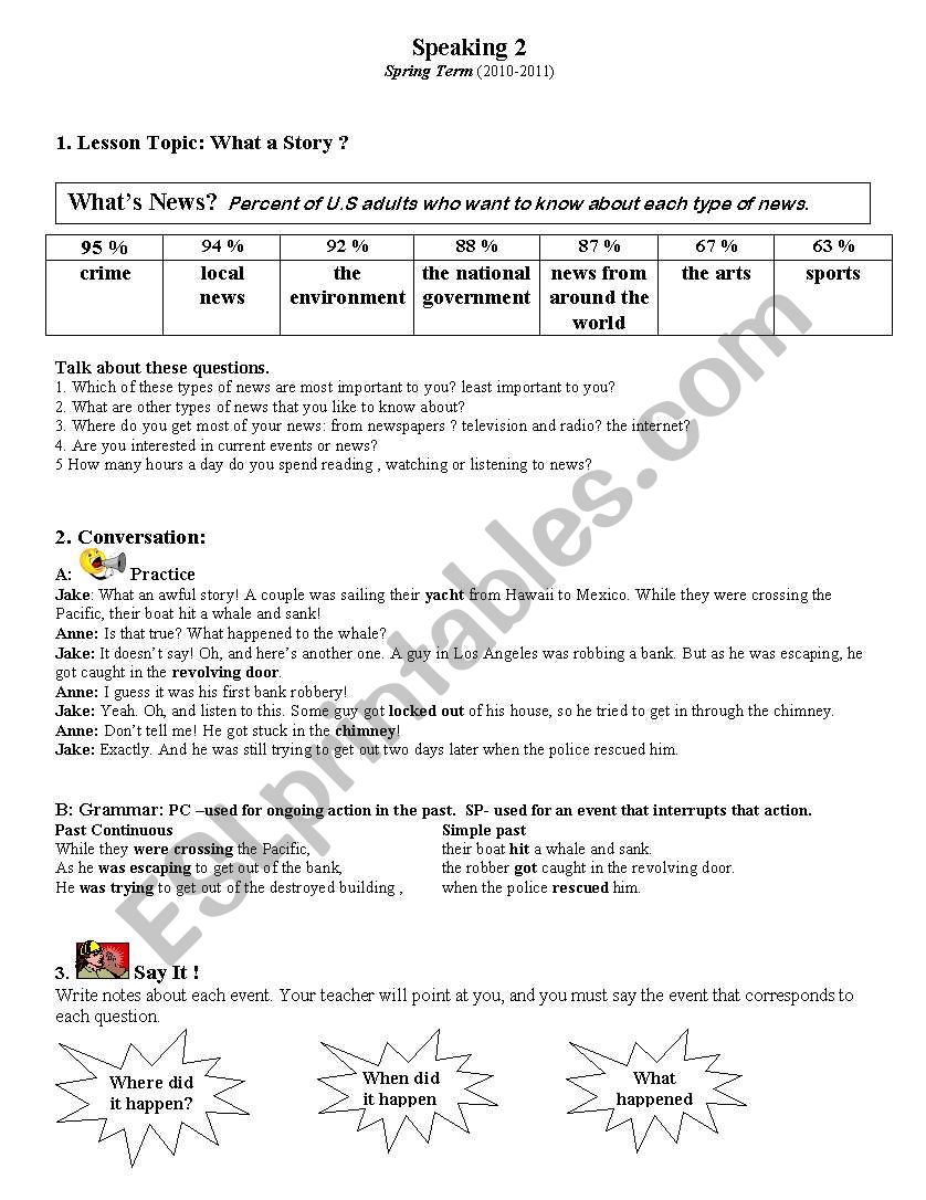Past Continous and Simple Past Worksheet/ subtopic: What a story/telling news