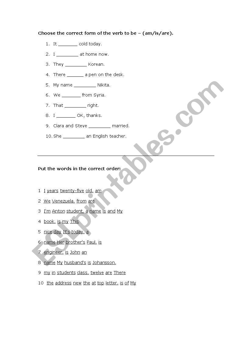 Verb to be test worksheet