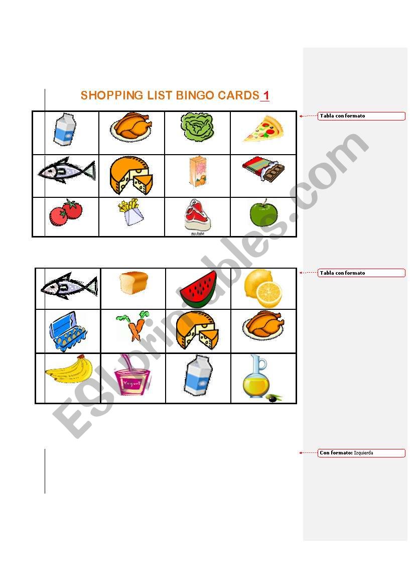 SHOPPING LIST BINGO 1 worksheet