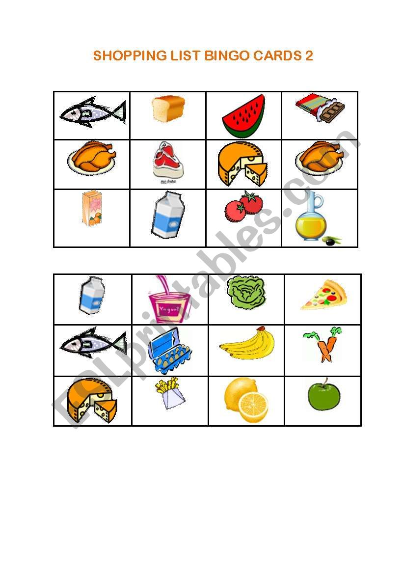 SHOPPING LIST BINGO 2 worksheet