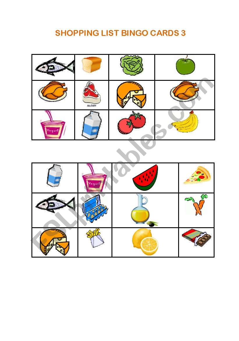 SHOPPING LIST BINGO 3 worksheet