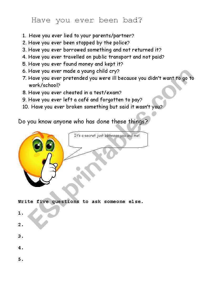 Have you ever been bad? worksheet