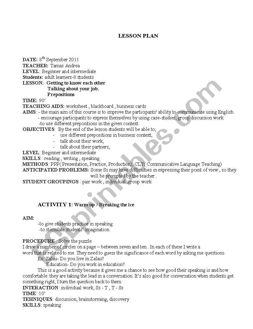 Adult learners- first lesson worksheet