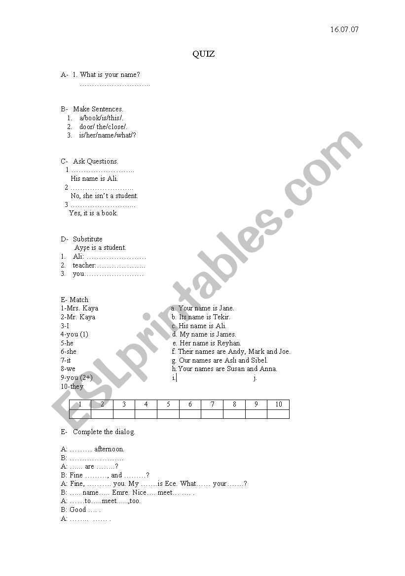 quiz for beginners worksheet