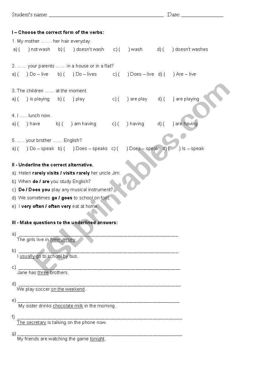 Presen simple worksheet