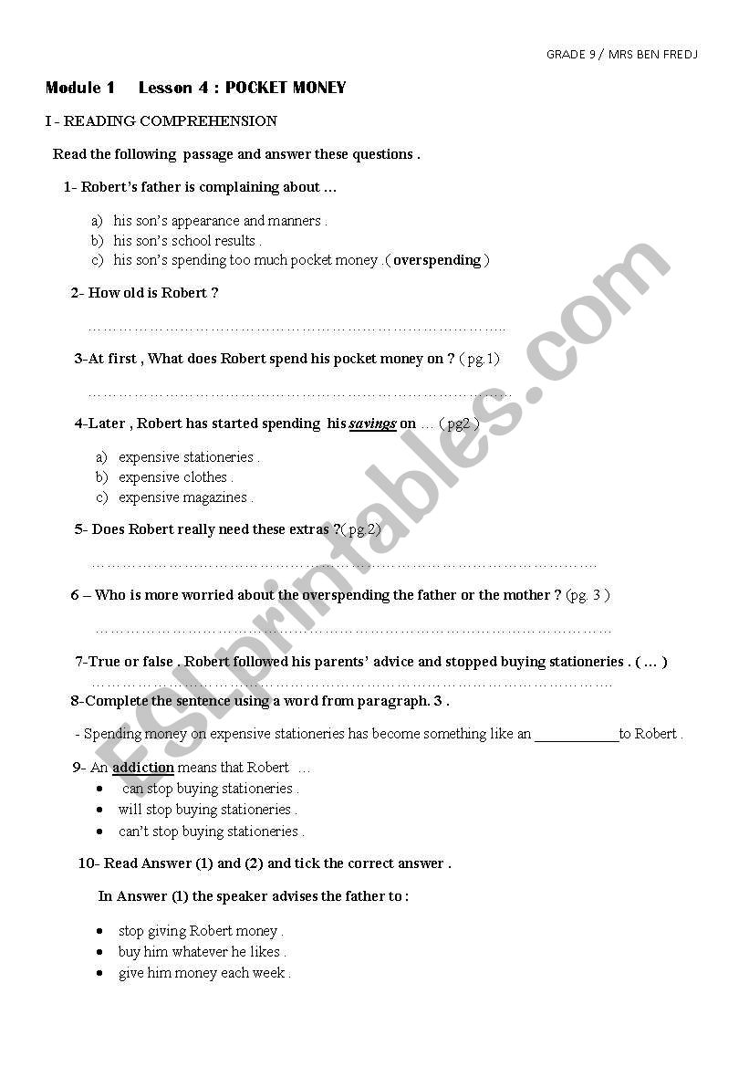 Pocket money  worksheet