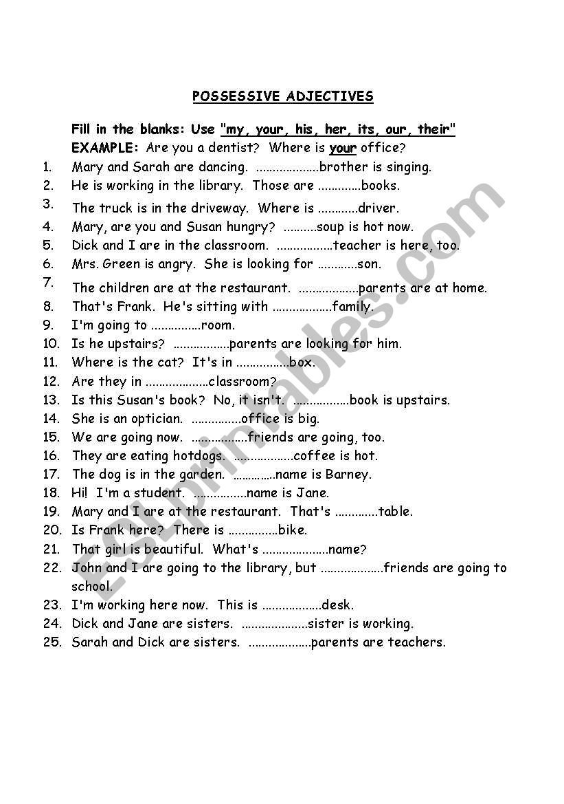 POSSESSIVE ADJECTIVES worksheet