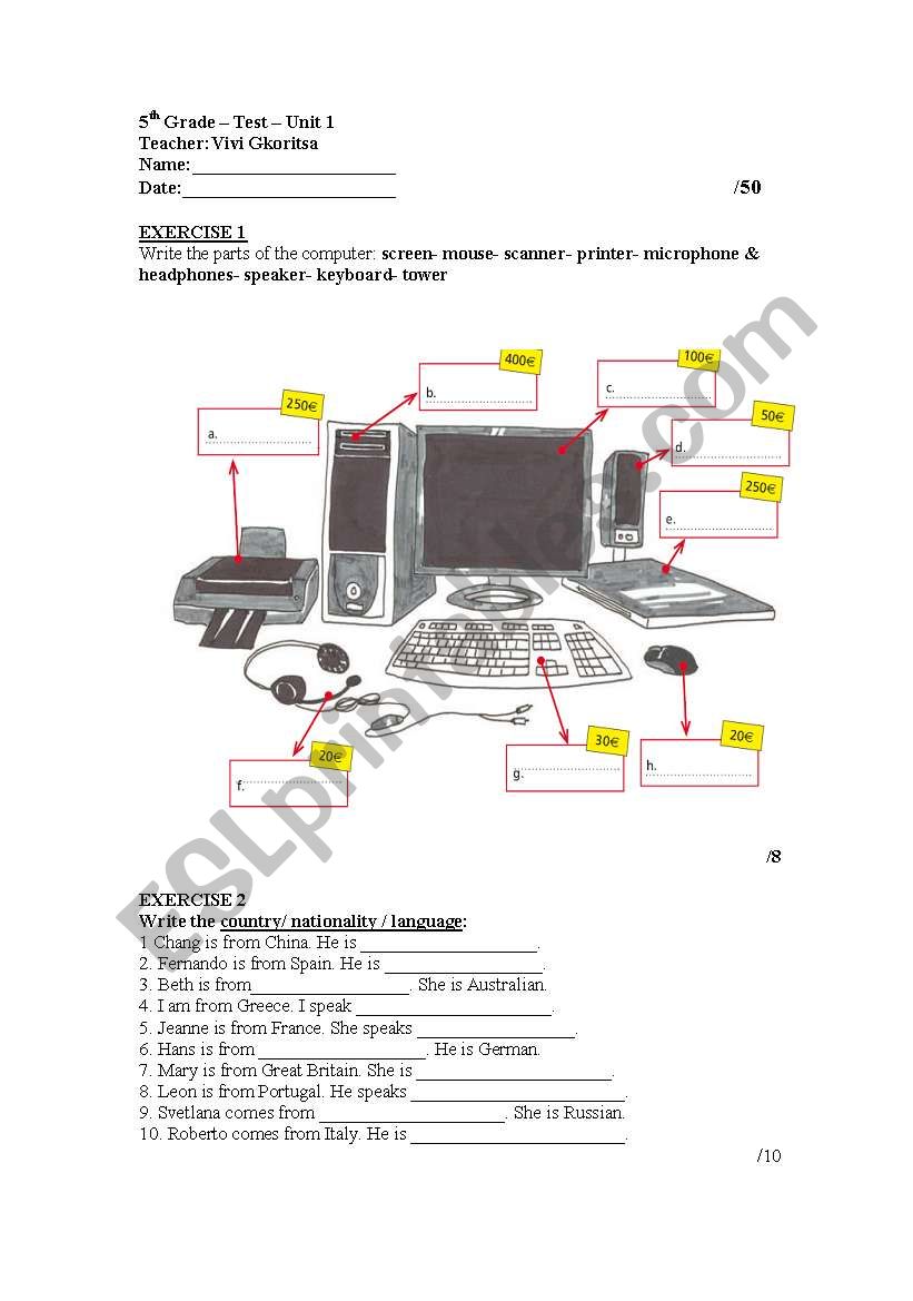 test A Class worksheet