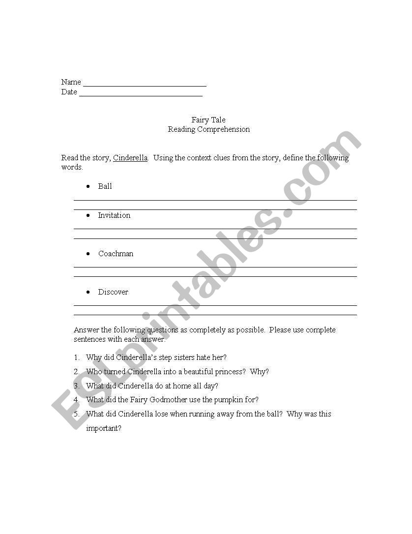 Cinderella Worksheet worksheet