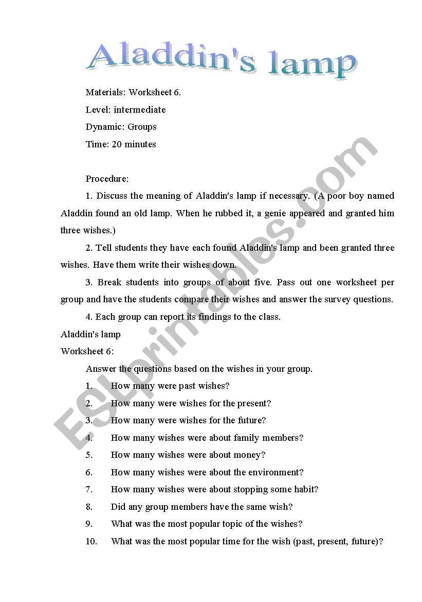 Aladdins lamp  worksheet